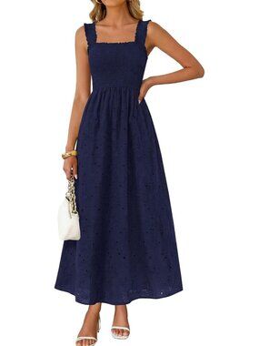 Women's Navy Boho Sleeveless Square Neck Cotton Flowy Long Maxi Dress